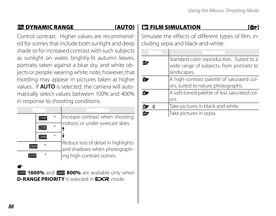 FujiFilm 16286187-4-KIT owner manual  DYNAMIC Range Auto,  FILM Simulation, 400%, D800% 